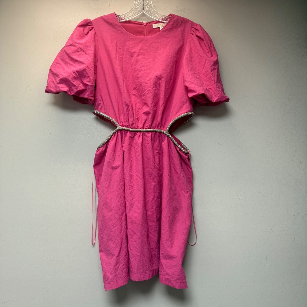 WAYF Mini Dress Womens Small Pink Excellent Rhinestone Cutout Puff Sleeve